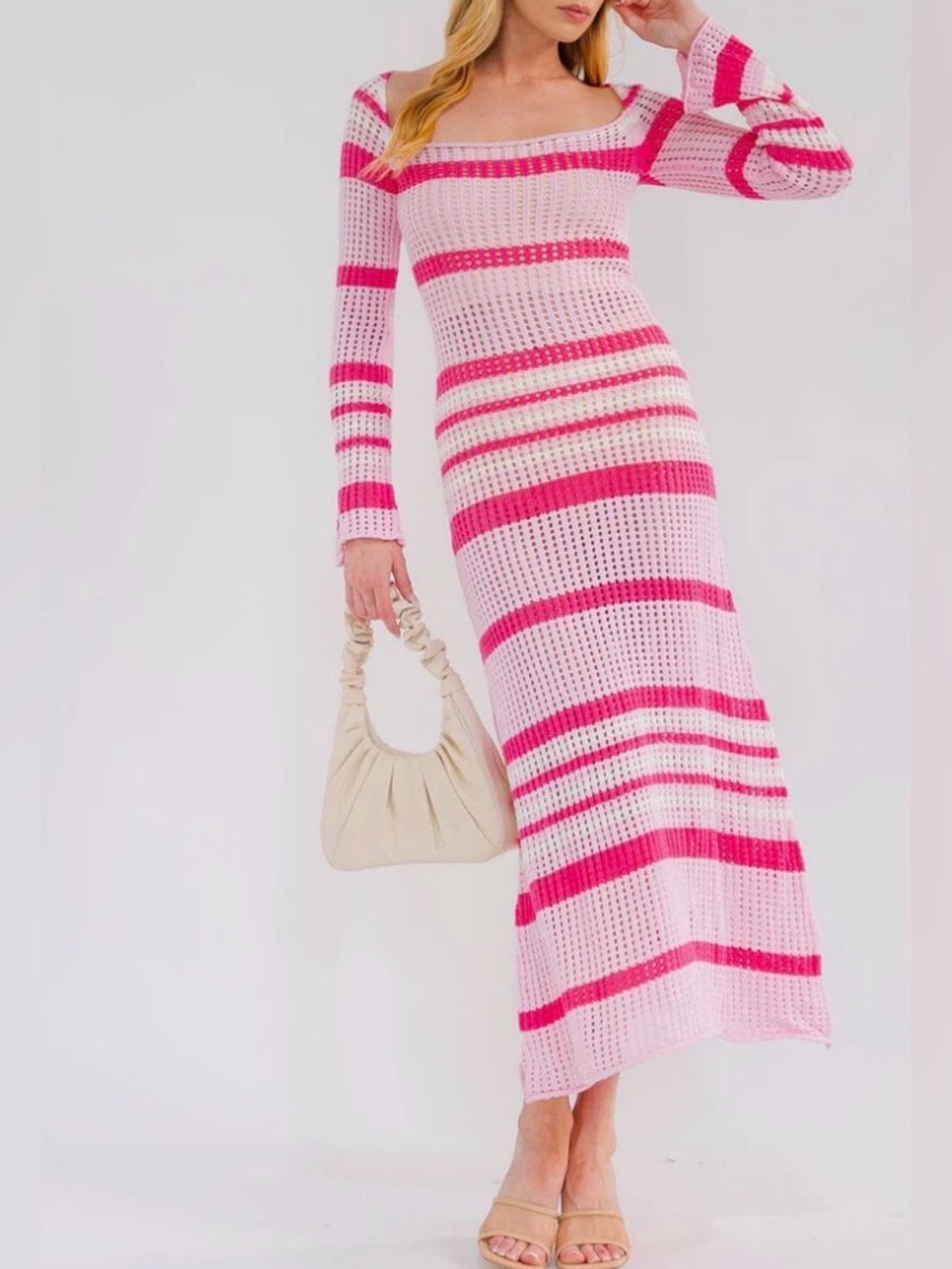 Pink Striped Knit Maxi Dress - Square Neck